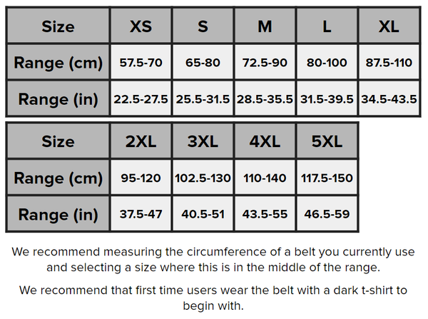 SBD Singapore 10mm Lever Belt (Resolve Range) Sizing Guide