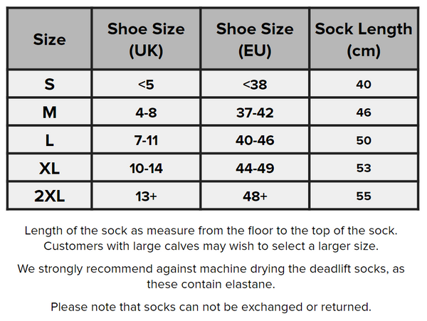 SBD Singapore Deadlift Socks (Resolve Range) Sizing Guide
